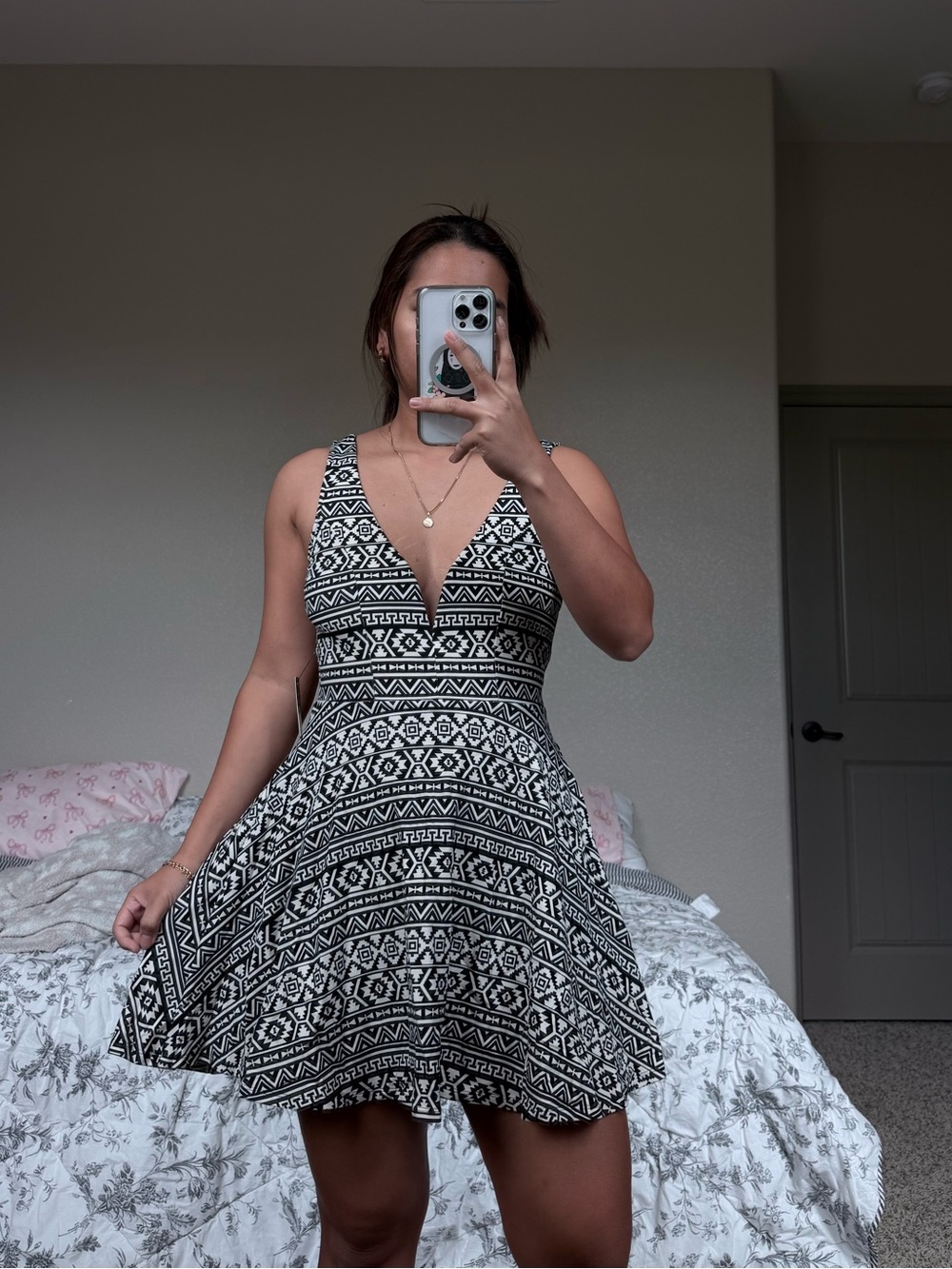 Express Black and White Tribal V-Neck Skater Mini Dress